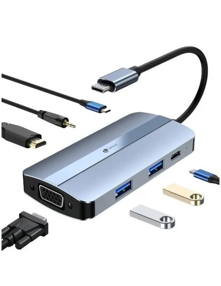 Leotec Adaptador 7 en 1 USB-C a 1xHDMI, 1xVGA, 1xUSB-A 3.0, 1xUSB-A 2.0, 1xUSB-C, 1x USB-C PD, 1xAudio - Color Gris