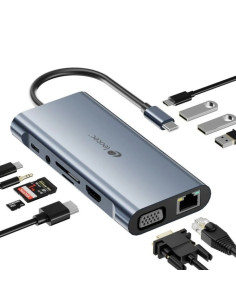 Leotec Adaptador 11 en 1 USB-C a 1xHDMI, 1xVGA, 1xRJ45, 3xUSB-A 3.0, 1xUSB-C PD, 1xUSB-C, 1xTF+1xSD, 1x Audio - Color Gris