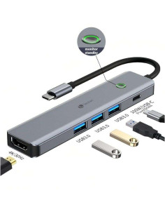 Leotec Adaptador 5 en 1 USB-C a 1xHDMI, 3xUSB-A 3.0,  1xPD 100W+USB-C - Color Gris