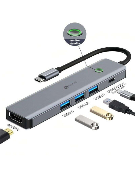 Leotec Adaptador 5 en 1 USB-C a 1xHDMI, 3xUSB-A 3.0,  1xPD 100W+USB-C - Color Gris