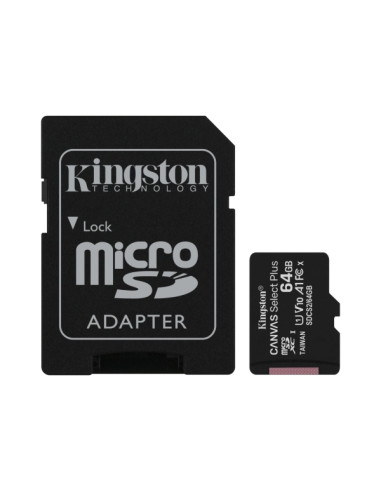 Kingston Tarjeta Micro SDXC 64GB Clase 10 100MB/s Canvas Select Plus + Adaptador SD