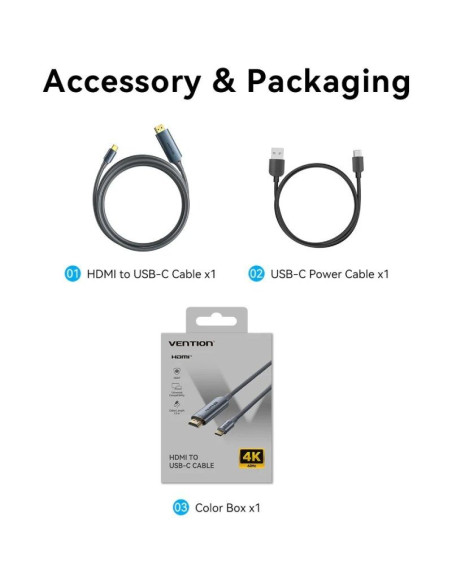 Cable Conversor HDMI 2.0 4K Vention ABLHG/ USB Tipo-C Macho - HDMI Macho/ USB Tipo-C PD 1.5m/ Gris