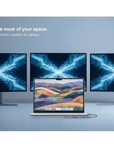 Ewent USB-C Dock 12 en 1 - 1x USB-C, 3x USB 3.2 Gen1, 2x HDMI 4K/60Hz, 1x DisplayPort 4K/60Hz, SD/TF 2.0, Audio, RJ45 Gb, 1x USB