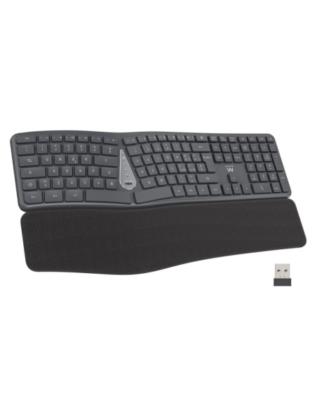 Ewent Teclado Inalambrico - Ergonomico - Bateria de Litio Recargable de 300mAh - Disposicion Portuguesa QWERTY PT - Teclas de Ba