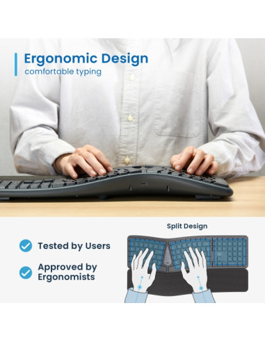 Ewent Teclado Inalambrico - Ergonomico - Bateria de Litio Recargable de 300mAh - Disposicion Portuguesa QWERTY PT - Teclas de Ba