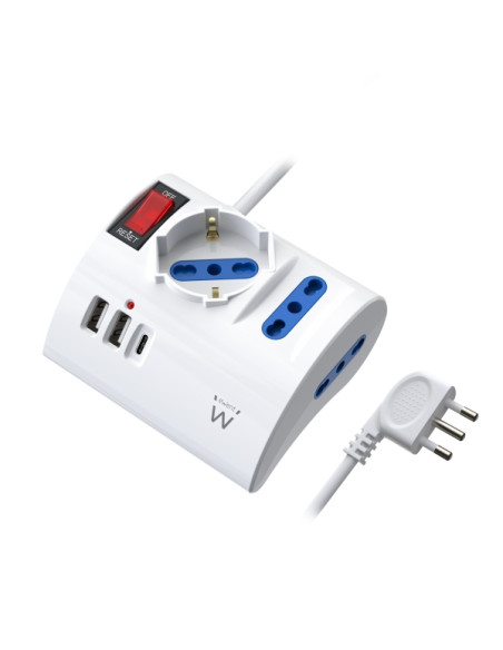 Ewent Regleta con 6 Tomas de Sobremesa - 2 Tomas L + 1 Toma L/F (Schuko) - 2x USB-A - 1x USB-C - Enchufe Italiano Plano en Angul