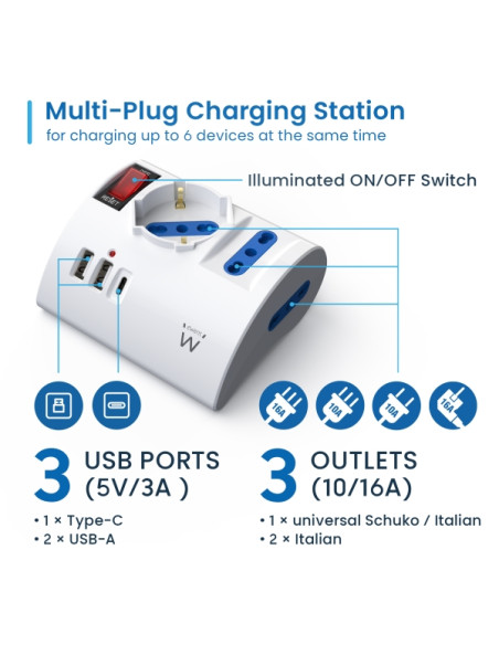 Ewent Regleta con 6 Tomas de Sobremesa - 2 Tomas L + 1 Toma L/F (Schuko) - 2x USB-A - 1x USB-C - Enchufe Italiano Plano en Angul