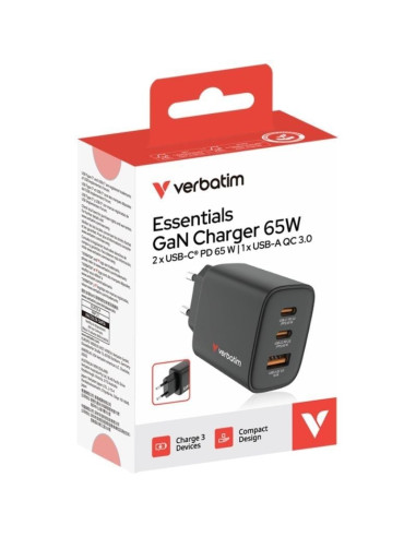 Cargador de Pared GaN Verbatim Essentials/ 2xUSB Tipo-C/ 1xUSB/ 65W
