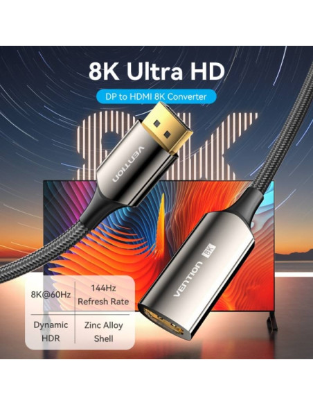 Vention Adaptador Displayport 1.4 8K Macho a HDMI 2.1 8K Hembra - 0.25m - Trenzado - Color Negro
