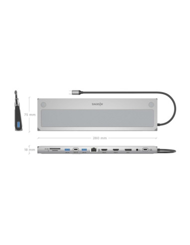Aisens USB-C Dock 12 en 1 - USB-C a 2xHDMI - 1xDisplayPort - 1xRJ45 - 3xUSB-A USB3.0 - 1xUSB-C - 1xUSB-C PD - 1xSD - 1xMicro SD