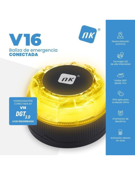Luz baliza de emergencia para coche NK Connected EL2024-C1 V16/ Homologada/ Base Imantada/ Geolocalizable/ Funciona a Pilas