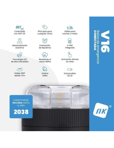 Luz baliza de emergencia para coche NK Connected EL2024-C1 V16/ Homologada/ Base Imantada/ Geolocalizable/ Funciona a Pilas