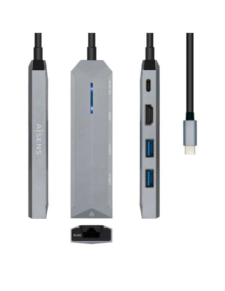 Aisens USB-C Dock 5 en 1 - USB-C a 1xHDMI - 1xRJ45 - 2xUSB - 1xPD - 15cm - Color Gris