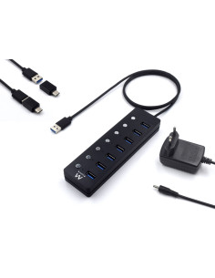 Ewent Hub USB 7 en 1 - Alimentacion Externa - Interruptores Individuales - Incluye Adaptador USB-C - Cable de 1.2m - Color Negro