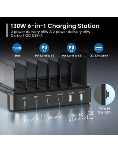 Ewent EW1335 Estacion de Carga - 2x USB-A y 4x USB-C - 130W PD3.0 - 7 Divisores Extraibles - Proteccion contra sobrecarga, sobre