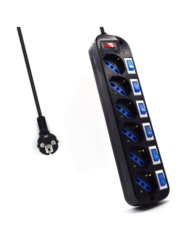 Ewent Regleta de 6 Tomas de Seguridad - 6x Schuko 16A - Proteccion contra Sobretension - Interruptor On/Off General e Individual