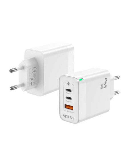 Aisens Cargador GAN 65W - 2xUSB-C PD3.0 QC4.0 - 1xUSB-A QC3.0 - Color Blanco