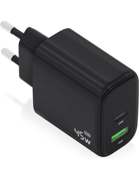 Cargador de Pared GaN Aisens A110-0972/ 1xUSB Tipo-C/ 1xUSB/ 45W/ Negro