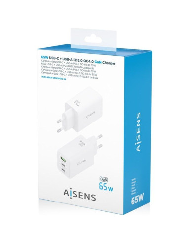 Cargador de Pared GaN Aisens ASCH-65W3P072-W/ 2xUSB Tipo-C/ 1xUSB/ 65W/ Blanco