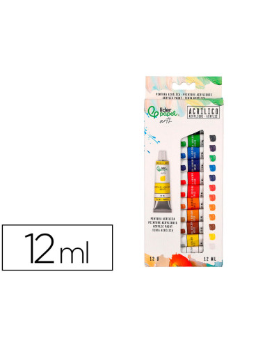 Pintura acrilica liderpapel caja de 12 tubos de aluminio de 12 ml colores surtidos