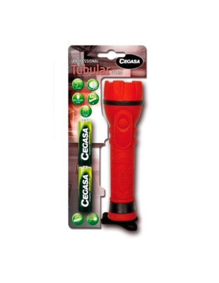 Cegasa Profesional Linterna de 3 LED - Cuerpo de Goma Antideslizante - Resistente a Golpes y Humedad - Funciona con 2 Pilas LR6
