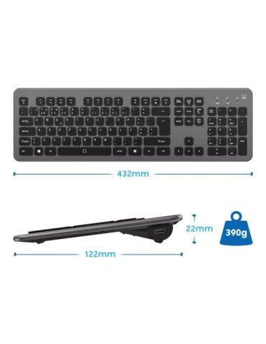 Ewent Teclado Inalambrico - Bateria de Litio Recargable de 300mAh - Disposicion Portuguesa QWERTY PT - Retroiluminacion - Teclas