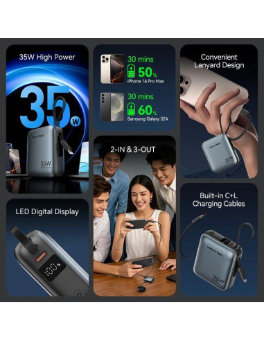 Powerbank 10000mAh Vention FHFN0/ 35W/ Gris/ Incluye Cable USB TIpo-C y Lightning