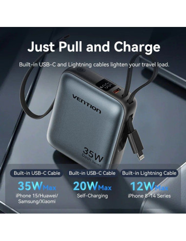 Powerbank 10000mAh Vention FHFN0/ 35W/ Gris/ Incluye Cable USB TIpo-C y Lightning