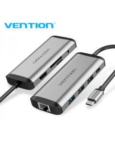 Vention Docking Station 9 en 1 USB-C a HDMI 4K/3xUSB 3.0/RJ45/Lector SD/MicroSD/Jack Audio/PD 87W - 0.15m - Color Gris