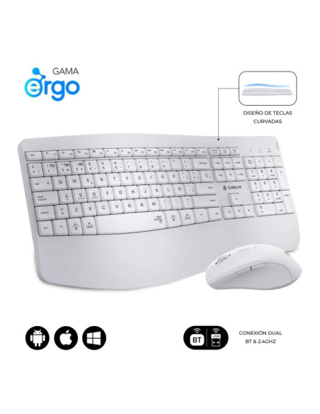 Subblim Dual Office Prowave White Pack de Teclado Ergonomico + Raton 3200dpi Inalambricos Bluetooth 5.3 y Receptor USB - Bateria