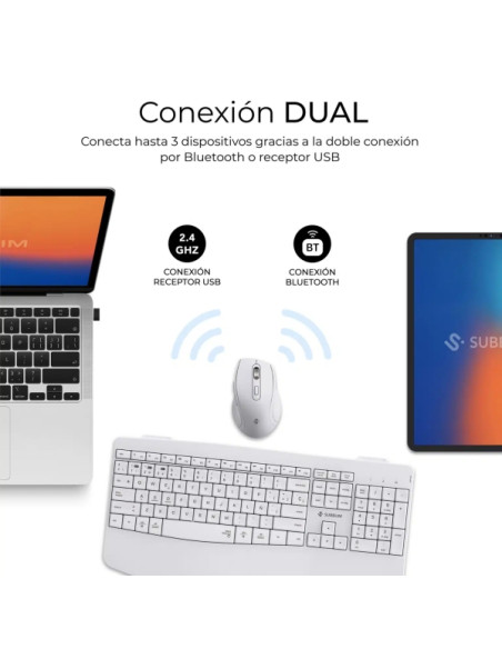 Subblim Dual Office Prowave White Pack de Teclado Ergonomico + Raton 3200dpi Inalambricos Bluetooth 5.3 y Receptor USB - Bateria