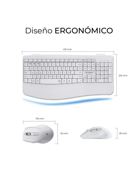 Subblim Dual Office Prowave White Pack de Teclado Ergonomico + Raton 3200dpi Inalambricos Bluetooth 5.3 y Receptor USB - Bateria