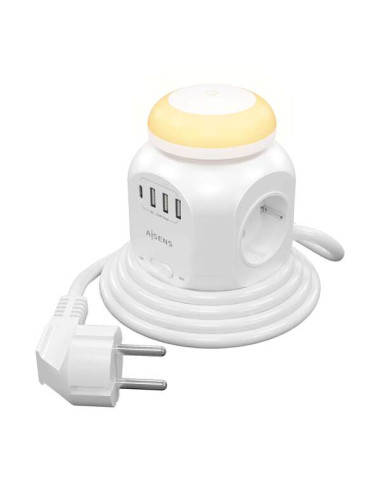 Aisens Regleta de Enchufes Sobremesa Multifuncion con 4 Tomas + 1xUSB-C - 3xUSB-A - Luz Nocturna - 1.8m - Color Blanco