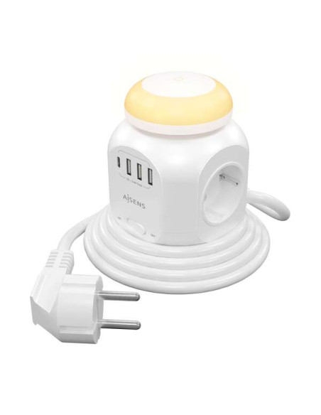 Aisens Regleta de Enchufes Sobremesa Multifuncion con 4 Tomas + 1xUSB-C - 3xUSB-A - Luz Nocturna - 1.8m - Color Blanco
