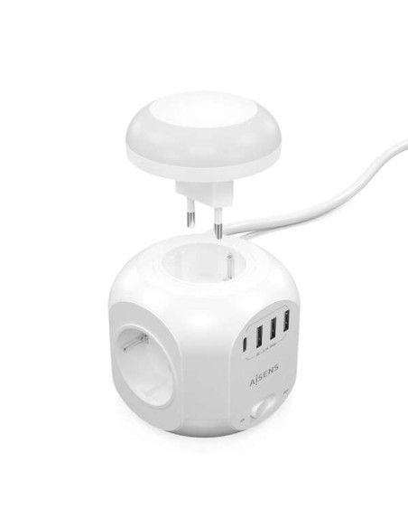 Aisens Regleta de Enchufes Sobremesa Multifuncion con 4 Tomas + 1xUSB-C - 3xUSB-A - Luz Nocturna - 1.8m - Color Blanco