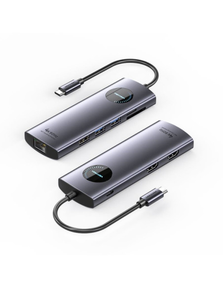 Vention Docking Station 9 en 1 USB-C a 2xHDMI/2xUSB3.0/USB 2.0/RJ45/SD/TF/PD 100W - 0.15m - Color Gris