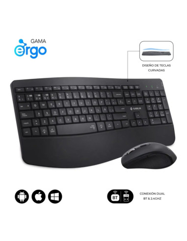 Subblim Dual Office Prowave Black Pack de Teclado Ergonomico + Raton 3200dpi Inalambricos Bluetooth 5.3 y Receptor USB - Bateria