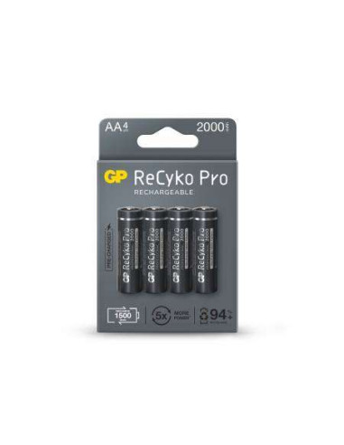 GP ReCyko Pro Pack de 4 Pilas Recargables 2100mAh AA 1.2V - Precargadas - Ciclo de Vida: Hasta 1.500 Veces