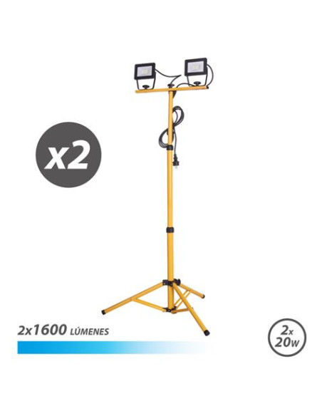 Elbat Foco LED con Tripode 2 x 20W - 1600 Lumenes - 6500K Luz Fria - Cable de 3m - IP65 para Uso en Exterior