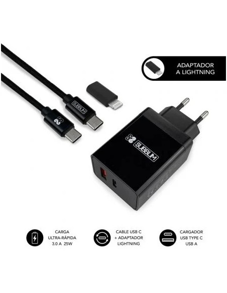 Subblim Cargador doméstico de 2 puertos - 25W - Carga rápida PD 3.0/2.0/Quick Charge 3.0 4.0 2.0 - Cable USB C reversible - Colo
