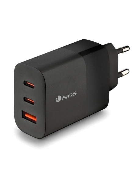 NGS Bud 65W Cargador GaN Universal de Pared 65W Ultrarapido - 2x USB-C PD & PPS, 1x USB-A QC 3.0 - Color Negro