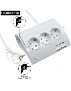 Ewent Regleta de Energia - 5 enchufes - Version Schuko - 16A -  2 Puertos USB - Cable de 1.5m - Color Blanco