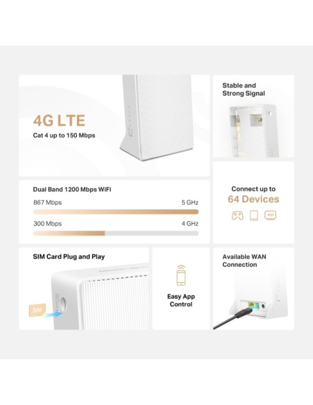 Mercusys Router Inalambrico 4G LTE- 300 Mbps en 2.4GHz y 867 Mbps en 5GHz - 2 Puertos 10/100Mbps - Color Blanco