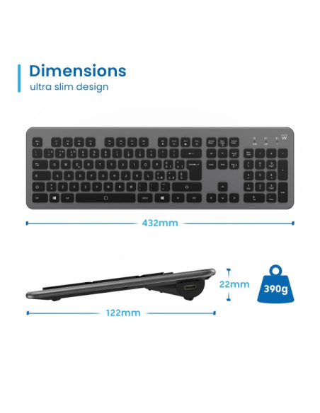 Ewent EW3296 Teclado Inalambrico Multiconexion - 3 Conexiones Simultaneas - 1xWireless 2.4GHz, 2xBluetooth 5.0 - Color Negro