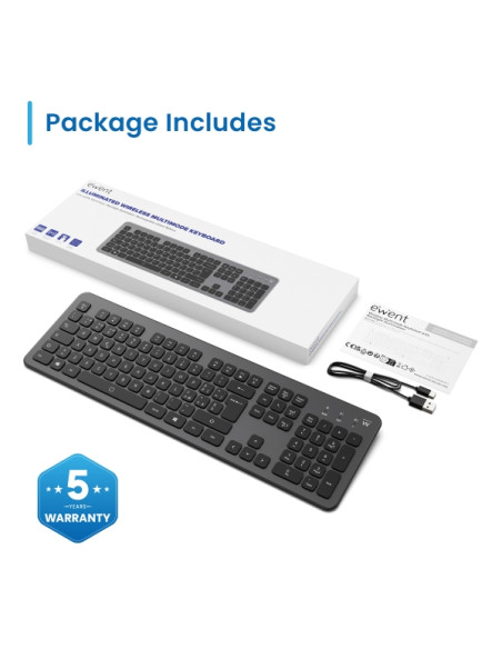 Ewent EW3296 Teclado Inalambrico Multiconexion - 3 Conexiones Simultaneas - 1xWireless 2.4GHz, 2xBluetooth 5.0 - Color Negro
