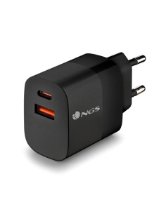 NGS Bud 33W Cargador GaN Universal de Pared 33W Ultrarapido - 1x USB-C PD & PPS, 1x USB-A QC 3.0 - Color Negro
