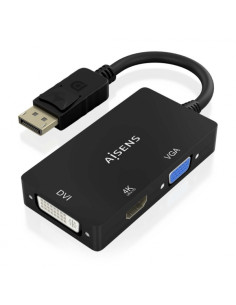 Aisens Conversor MST/SST Displayport a DVI/HDMI/VGA 3 en 1 - Conector DP Macho - Salidas HDMI 4K 60Hz, DVI y VGA - Soporta Modo 2