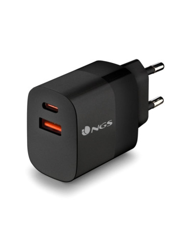 NGS Bud 45W Cargador GaN Universal de Pared 45W Ultrarapido - 1x USB-C PD & PPS, 1x USB-A QC 3.0 - Color Negro