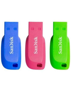 Sandisk Pack de 3 Cruzer Blade Memoria USB 2.0 32GB - Ultra Compacta - Color Azul, Rosa y Verde (Pendrive)