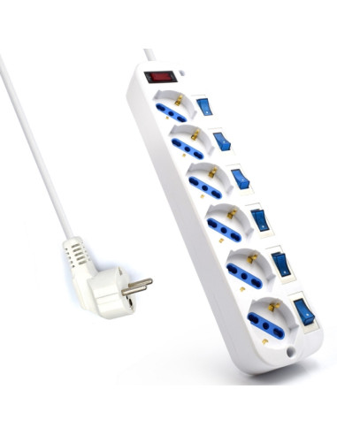 Ewent Regleta de Energia - 6 Enchufes - Version Schuko - 16A con inerruptor de Encendido/Apagado en cada Puerto - Protector cont